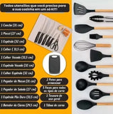 Kit Completo Jogo Utensílios de Cozinha Luxo 19 Peças Com Tábua em Silicone Espátula Faca Tesoura 2000GR Kitchen Presente Cores