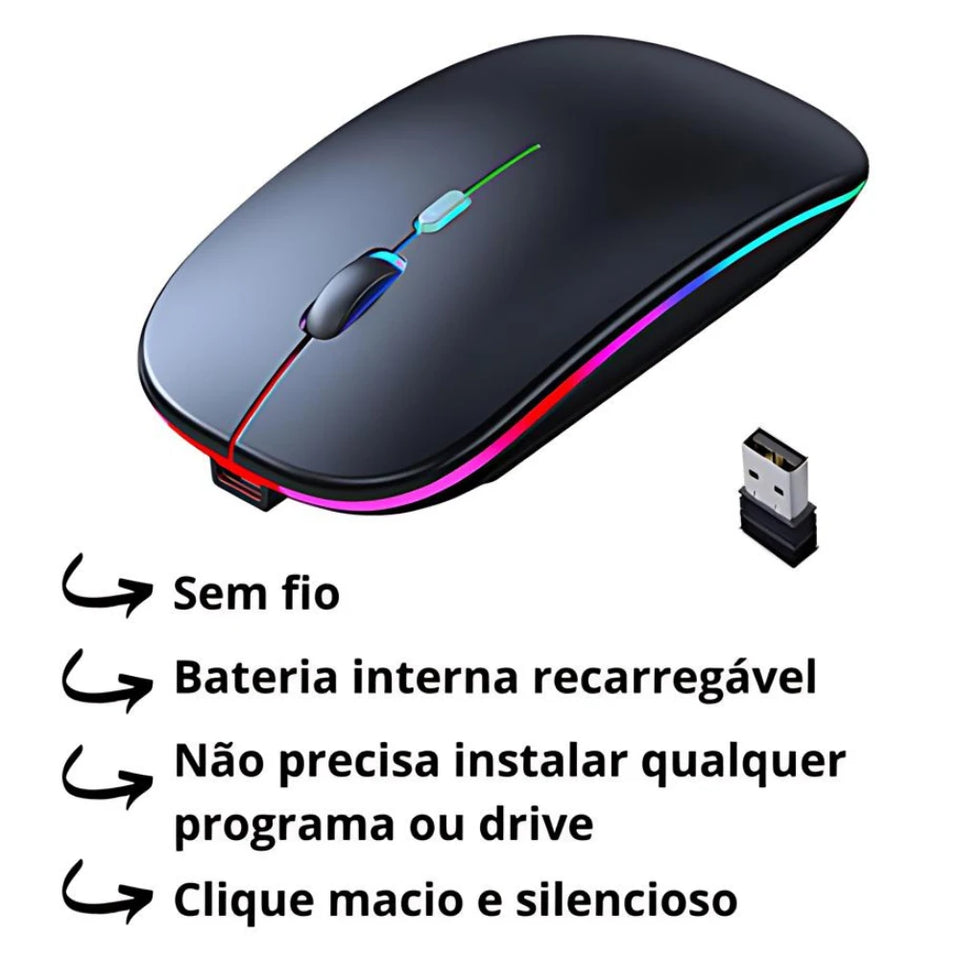 Mouse Wireless Recarregável Led Rgb 2.4 Ghz Sem Fio Resisente