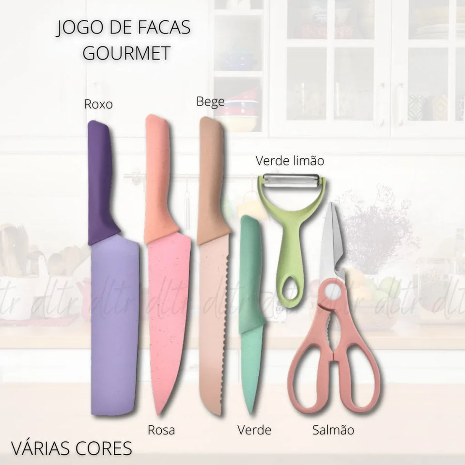 Kit Facas Conjunto Profissional Colorido em Aço Inoxidável com 6 Peças para Churrasco e Cozinha Kitchen Tesoura Facas