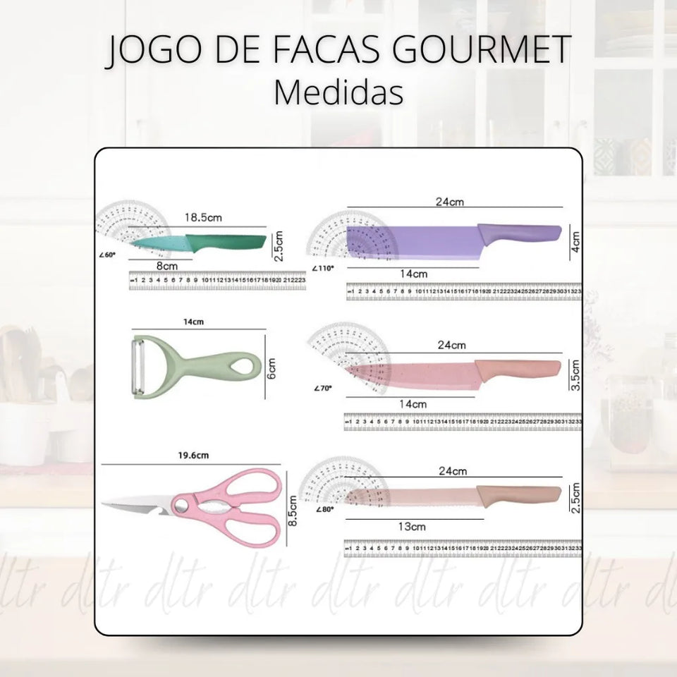 Kit Facas Conjunto Profissional Colorido em Aço Inoxidável com 6 Peças para Churrasco e Cozinha Kitchen Tesoura Facas