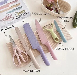 Kit Facas Conjunto Profissional Colorido em Aço Inoxidável com 6 Peças para Churrasco e Cozinha Kitchen Tesoura Facas