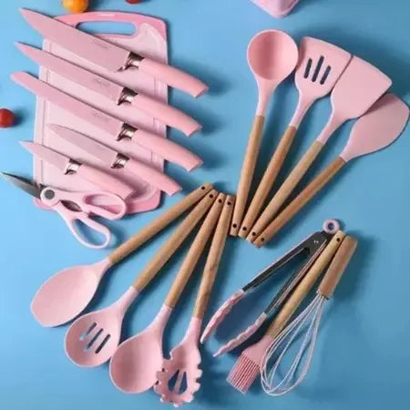 Kit Completo Jogo Utensílios de Cozinha Luxo 19 Peças Com Tábua em Silicone Espátula Faca Tesoura 2000GR Kitchen Presente Cores