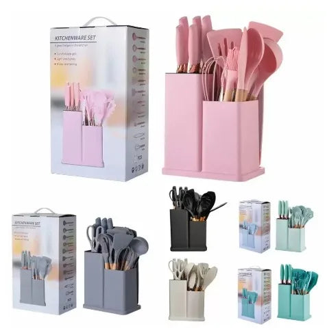 Kit Completo Jogo Utensílios de Cozinha Luxo 19 Peças Com Tábua em Silicone Espátula Faca Tesoura 2000GR Kitchen Presente Cores