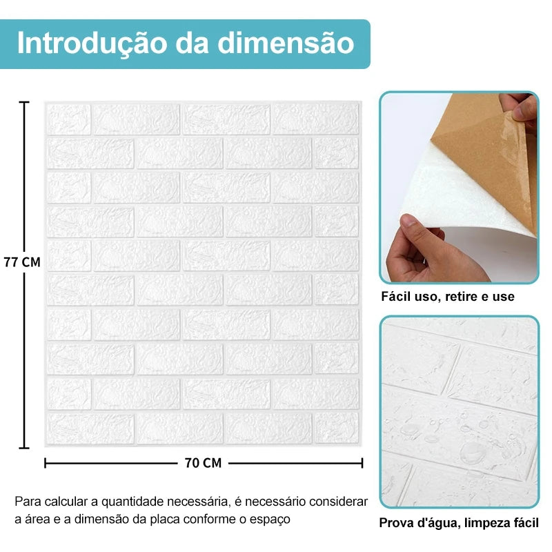 Papel 3D Auto Adesivo para Parede, 70x77 cm, Espessura 3mm, Estilo Tijolo, Espuma Impermeável, Aplique Fácil de Instala