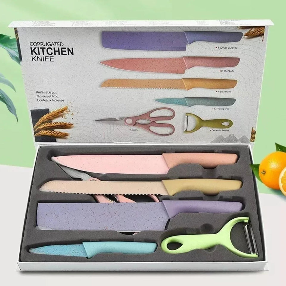 Kit Facas Conjunto Profissional Colorido em Aço Inoxidável com 6 Peças para Churrasco e Cozinha Kitchen Tesoura Facas