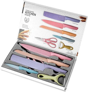 Kit Facas Conjunto Profissional Colorido em Aço Inoxidável com 6 Peças para Churrasco e Cozinha Kitchen Tesoura Facas