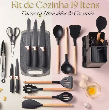 Kit Completo Jogo Utensílios de Cozinha Luxo 19 Peças Com Tábua em Silicone Espátula Faca Tesoura 2000GR Kitchen Presente Cores