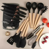 Kit Completo Jogo Utensílios de Cozinha Luxo 19 Peças Com Tábua em Silicone Espátula Faca Tesoura 2000GR Kitchen Presente Cores