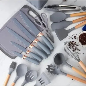 Kit Completo Jogo Utensílios de Cozinha Luxo 19 Peças Com Tábua em Silicone Espátula Faca Tesoura 2000GR Kitchen Presente Cores