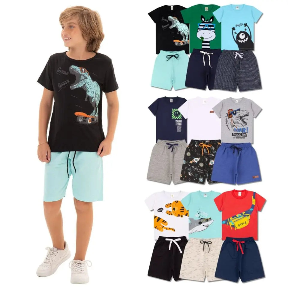 Kit 8 Peças 4 Camisetas + 4 Bermudas- Kit com 4 Conjuntos Roupas Bebê Menino Verão