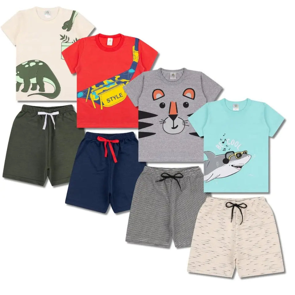 Kit 8 Peças 4 Camisetas + 4 Bermudas- Kit com 4 Conjuntos Roupas Bebê Menino Verão