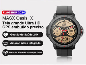 MASX Oasis X Premium GPS Smart Watch Alexa Ultra HD Display GPS integrado Wi-Fi Bluetooth Chamadas telefônicas Relógio esportivo de nível militar