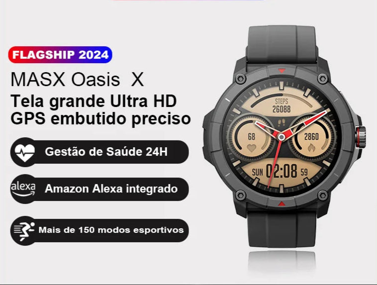 MASX Oasis X Premium GPS Smart Watch Alexa Ultra HD Display GPS integrado Wi-Fi Bluetooth Chamadas telefônicas Relógio esportivo de nível militar