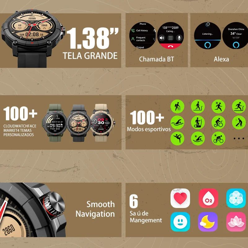 MASX Oasis X Premium GPS Smart Watch Alexa Ultra HD Display GPS integrado Wi-Fi Bluetooth Chamadas telefônicas Relógio esportivo de nível militar