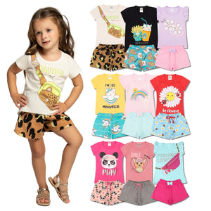 Kit 8 Peças 4 Camisetas + 4 Bermudas Kit com 4 Conjuntos Roupas Infantis Menina Verão