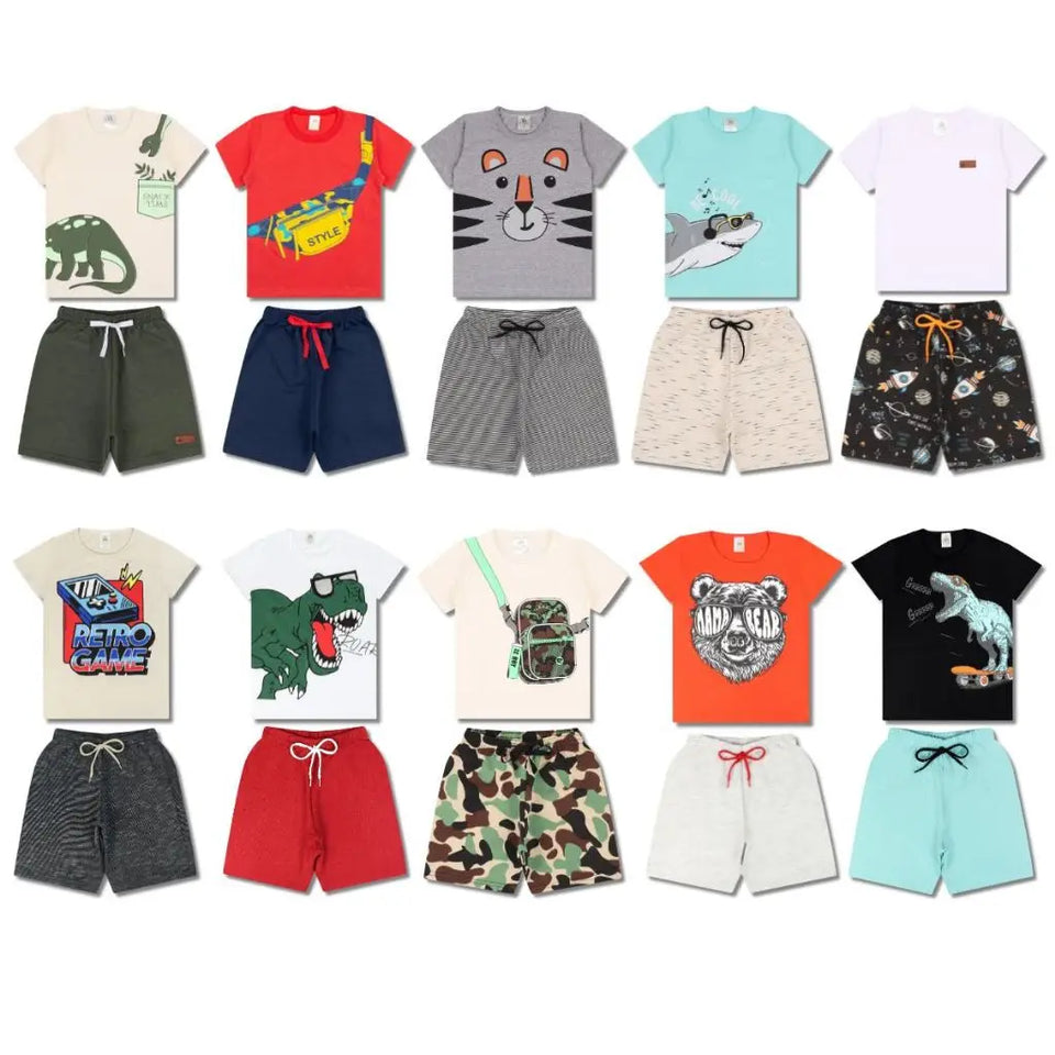 Kit 8 Peças 4 Camisetas + 4 Bermudas- Kit com 4 Conjuntos Roupas Bebê Menino Verão