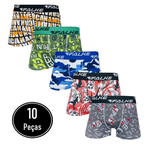 Kit 10 Cuecas Boxer Infantil Microfibra Estampada Forro Algodão