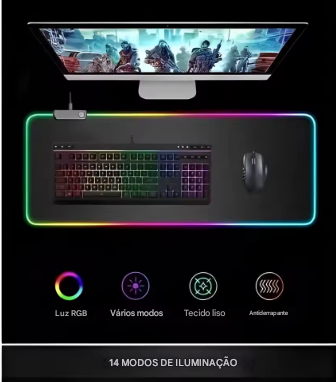 Mouse Pad Gamer Iluminado Rgb Led 80x30cm Preto